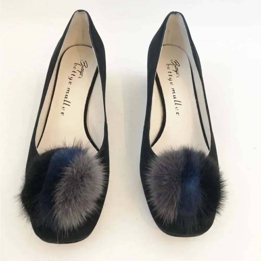 Bettye Muller Black and Blue Fur Accent Heels 8